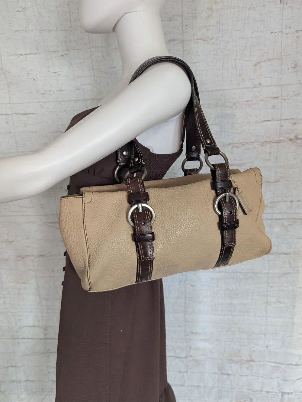 Coach Beige Leather Satchel with Dark Brown Straps